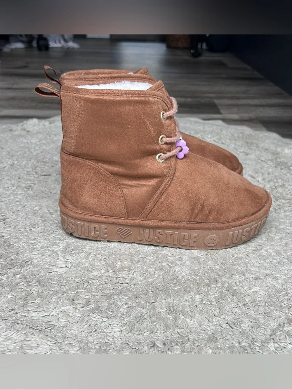 Justice girls' platform faux shearling beaded boots in brown, girls size 2